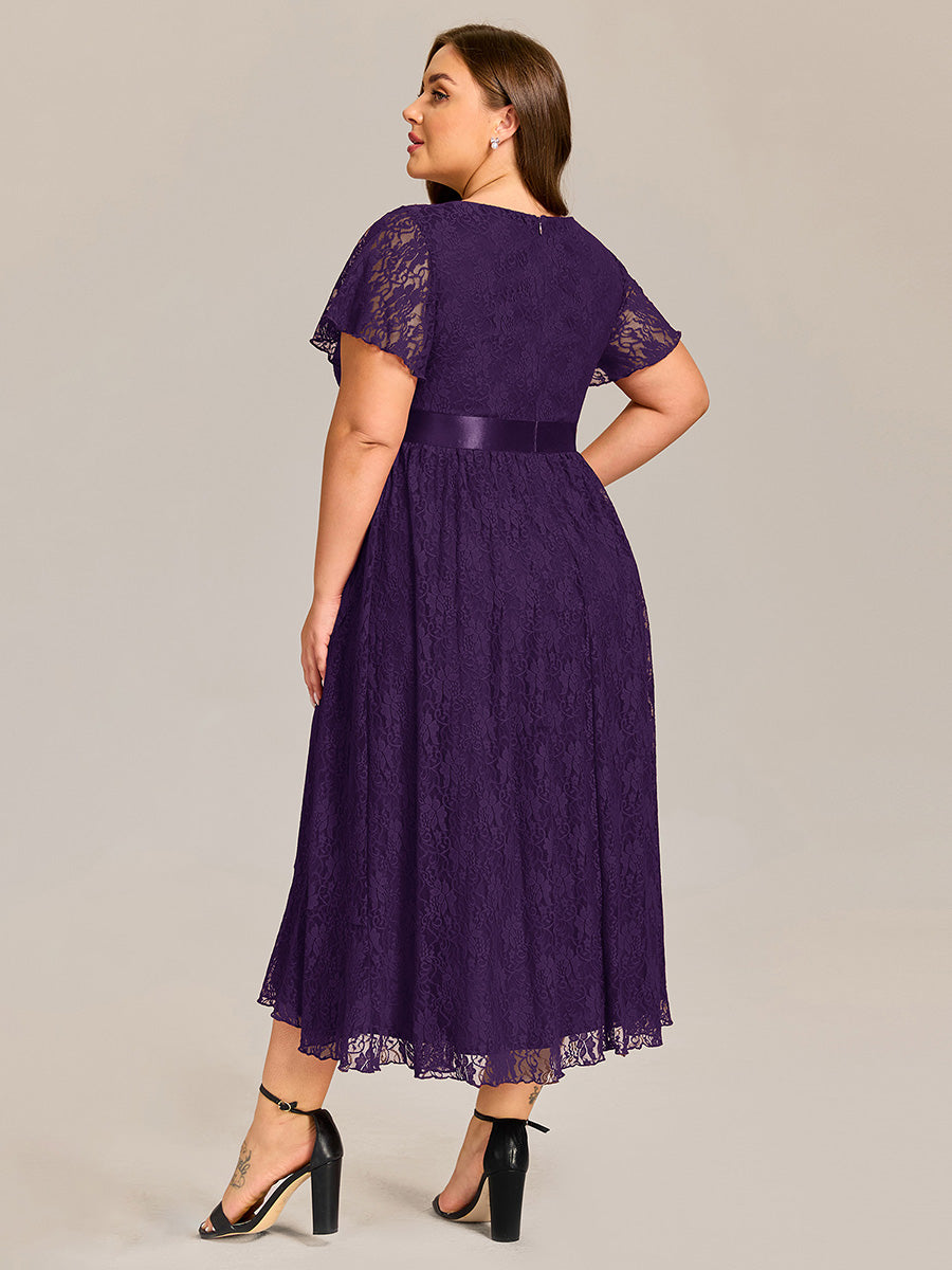 Short Sleeve Ruffled Lace Midi Weeding Guest Dress #color_Dark Purple