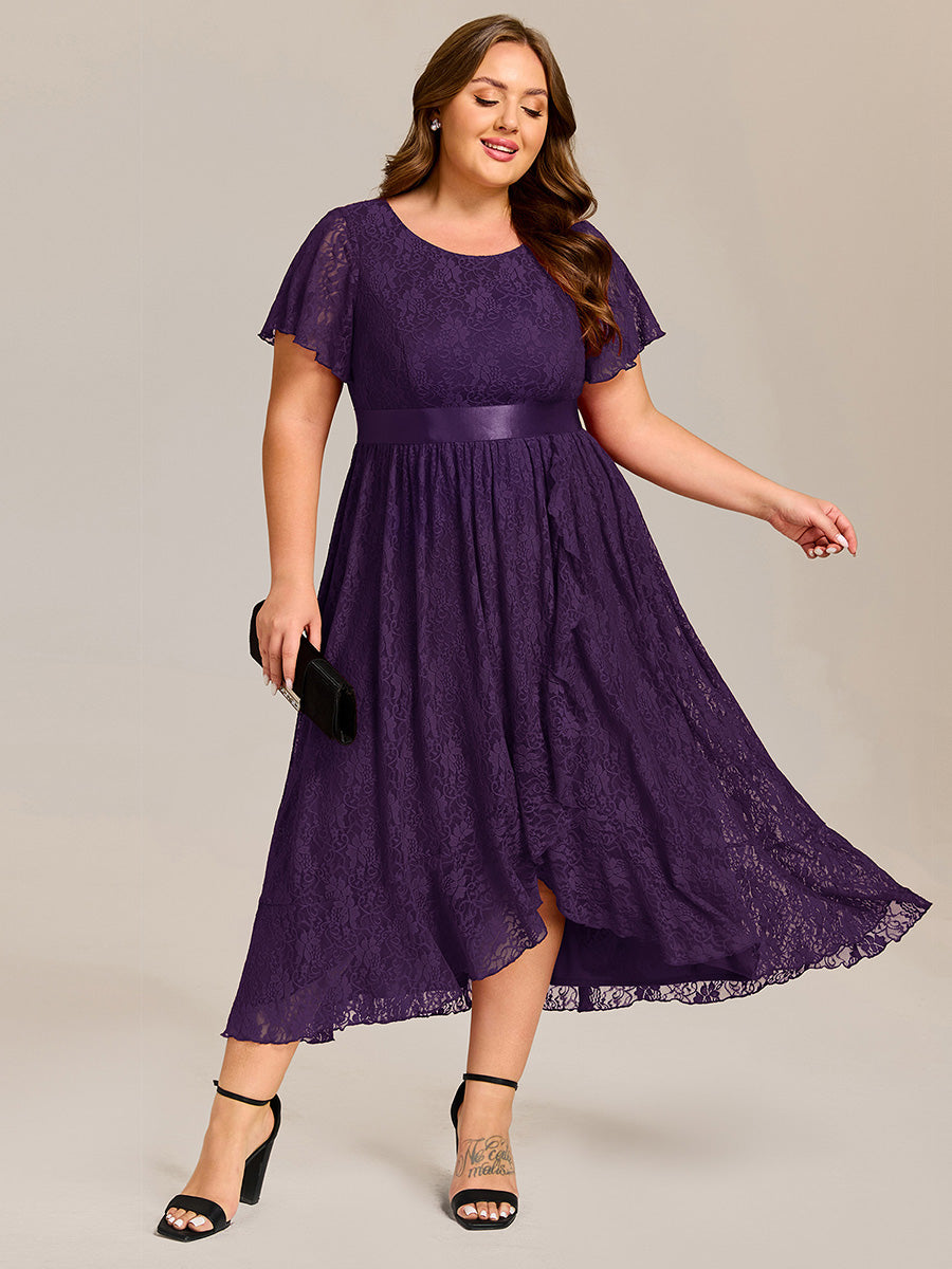 Short Sleeve Ruffled Lace Midi Weeding Guest Dress #color_Dark Purple