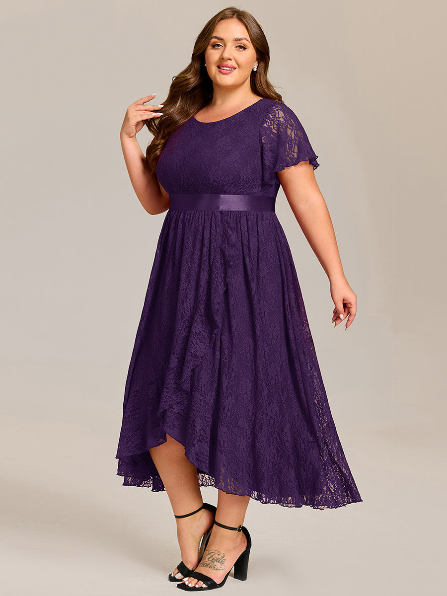 Short Sleeve Ruffled Lace Midi Weeding Guest Dress #color_Dark Purple