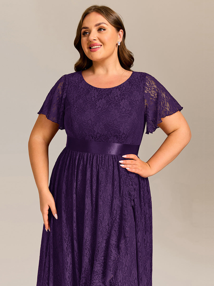 Short Sleeve Ruffled Lace Midi Weeding Guest Dress #color_Dark Purple