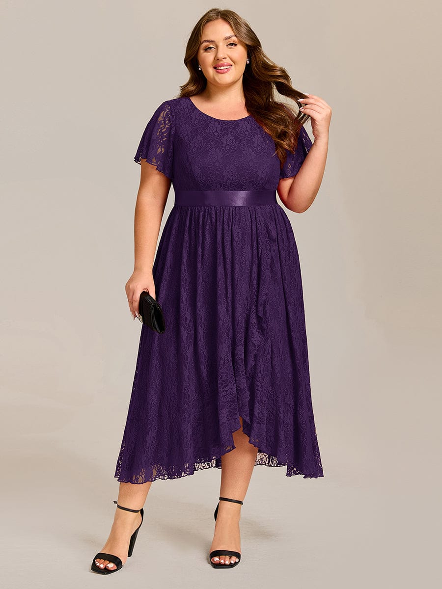 Plus Size Short Sleeve Ruffled Lace Midi Weeding Guest Dress #color_Dark Purple