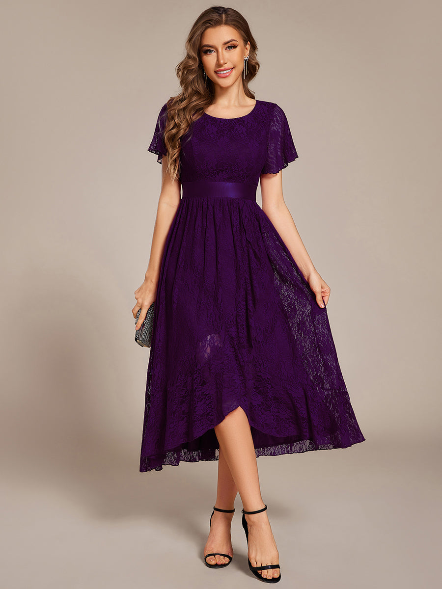 Short Sleeve Ruffled Lace Midi Weeding Guest Dress #color_Dark Purple