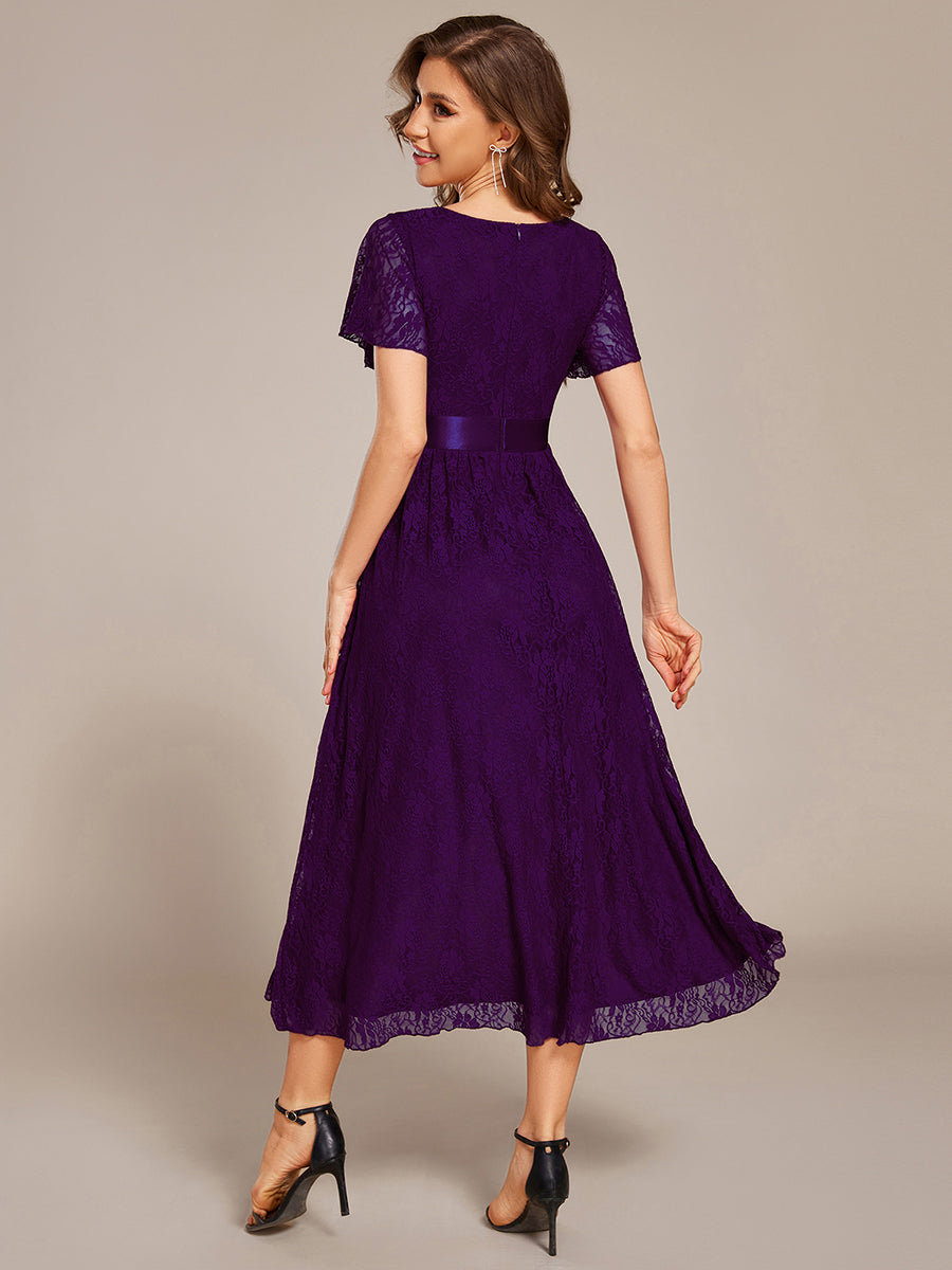 Short Sleeve Ruffled Lace Midi Weeding Guest Dress #color_Dark Purple