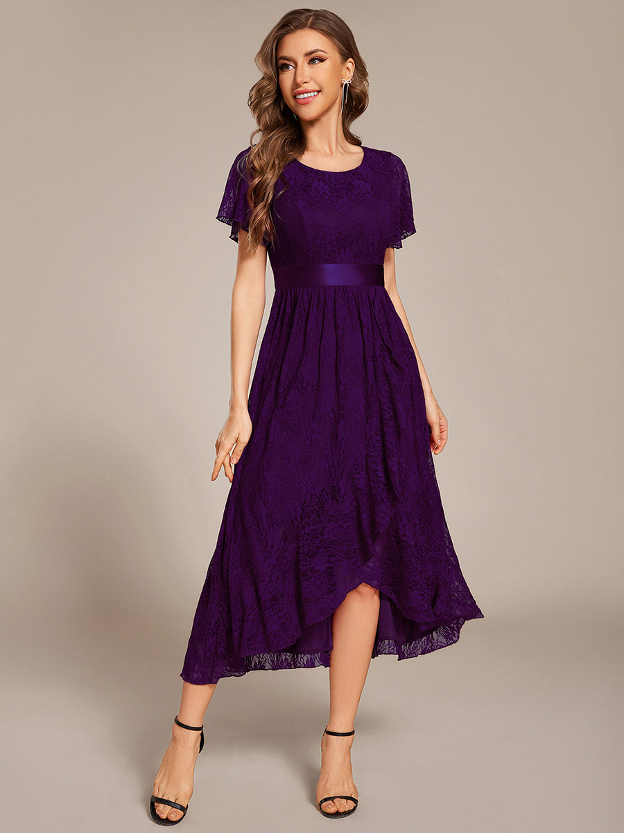 Short Sleeve Ruffled Lace Midi Weeding Guest Dress #color_Dark Purple