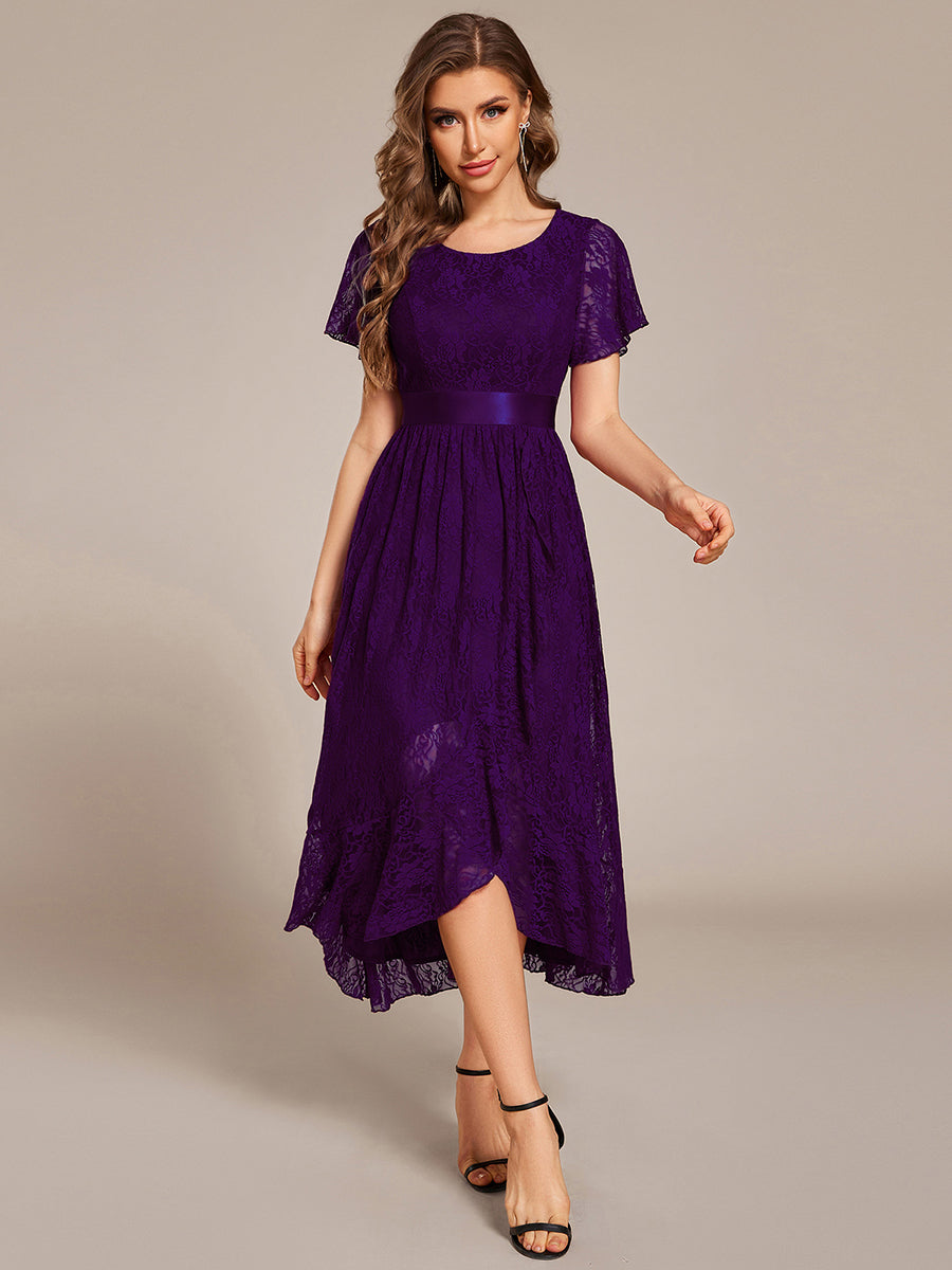 Short Sleeve Ruffled Lace Midi Weeding Guest Dress #color_Dark Purple