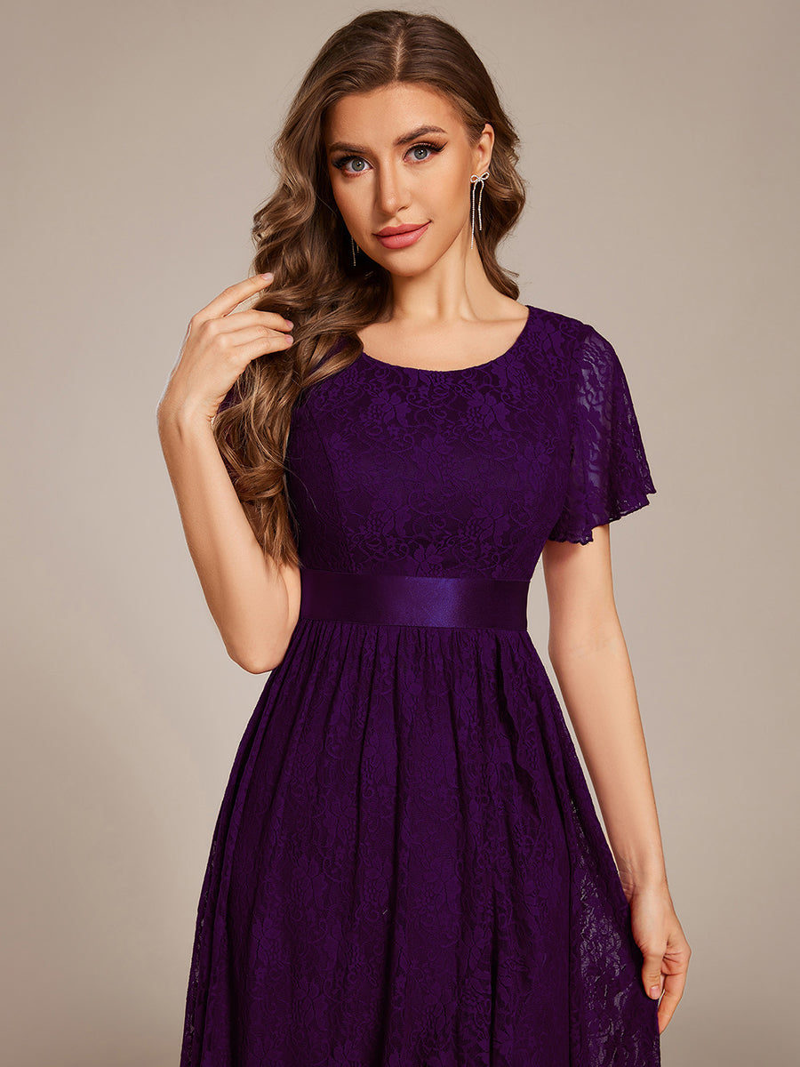 Short Sleeve Ruffled Lace Midi Weeding Guest Dress #color_Dark Purple