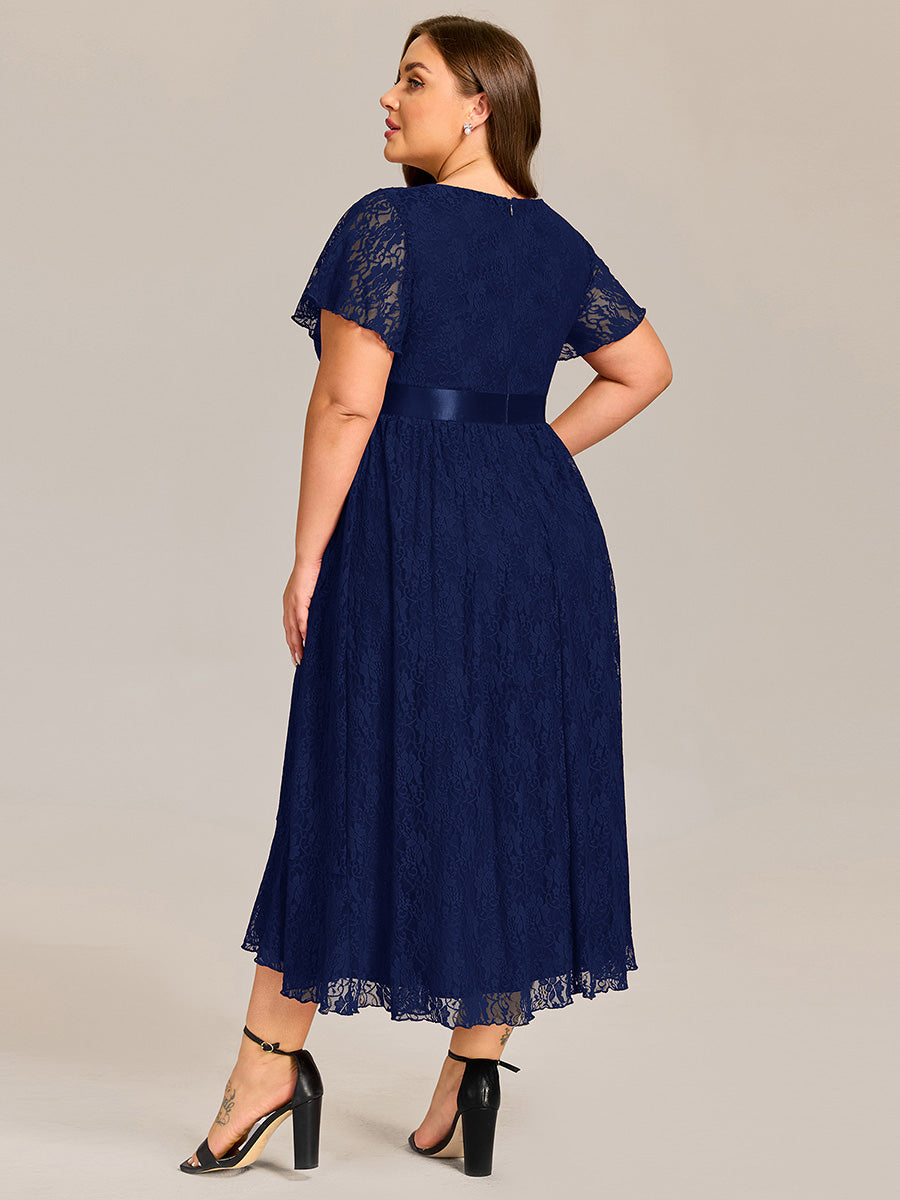 Short Sleeve Ruffled Lace Midi Weeding Guest Dress #color_Navy Blue