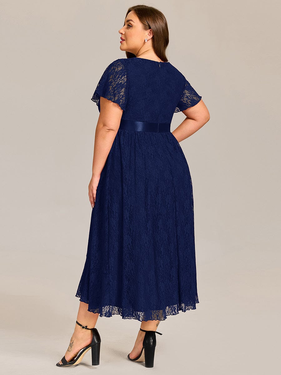 Plus Size Short Sleeve Ruffled Lace Midi Weeding Guest Dress #color_Navy Blue