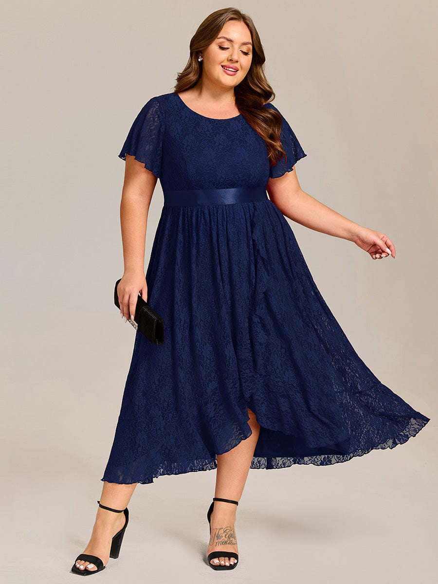 Plus Size Short Sleeve Ruffled Lace Midi Weeding Guest Dress #color_Navy Blue