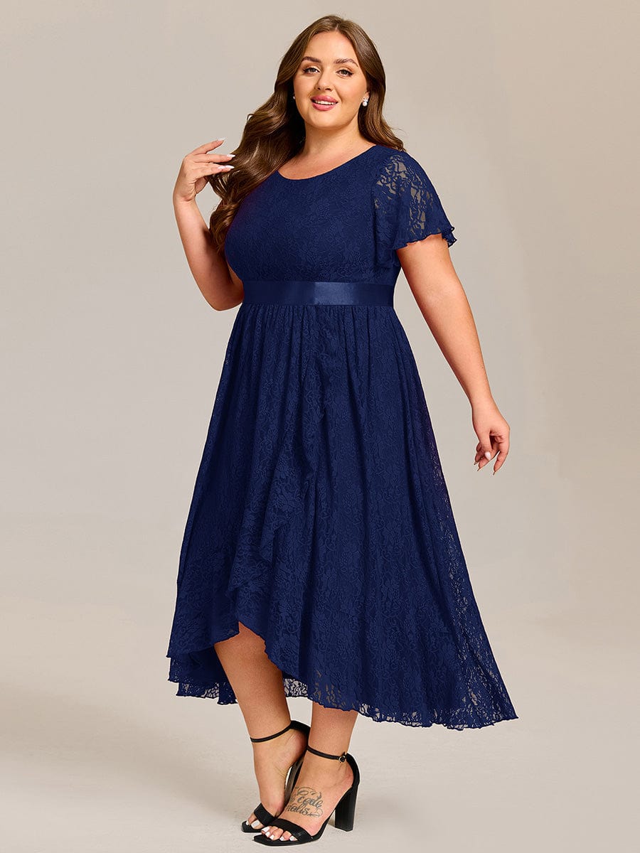 Plus Size Short Sleeve Ruffled Lace Midi Weeding Guest Dress #color_Navy Blue