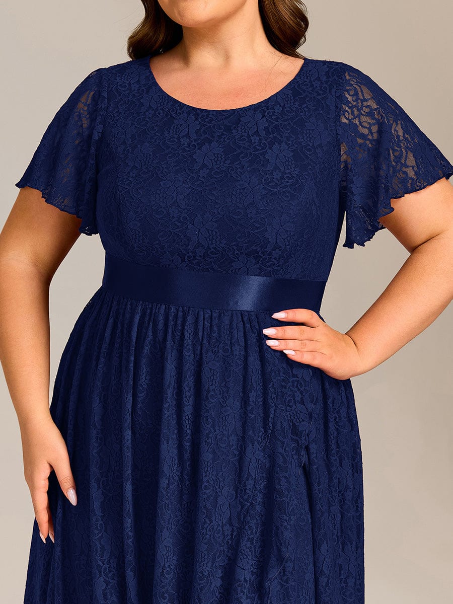 Plus Size Short Sleeve Ruffled Lace Midi Weeding Guest Dress #color_Navy Blue