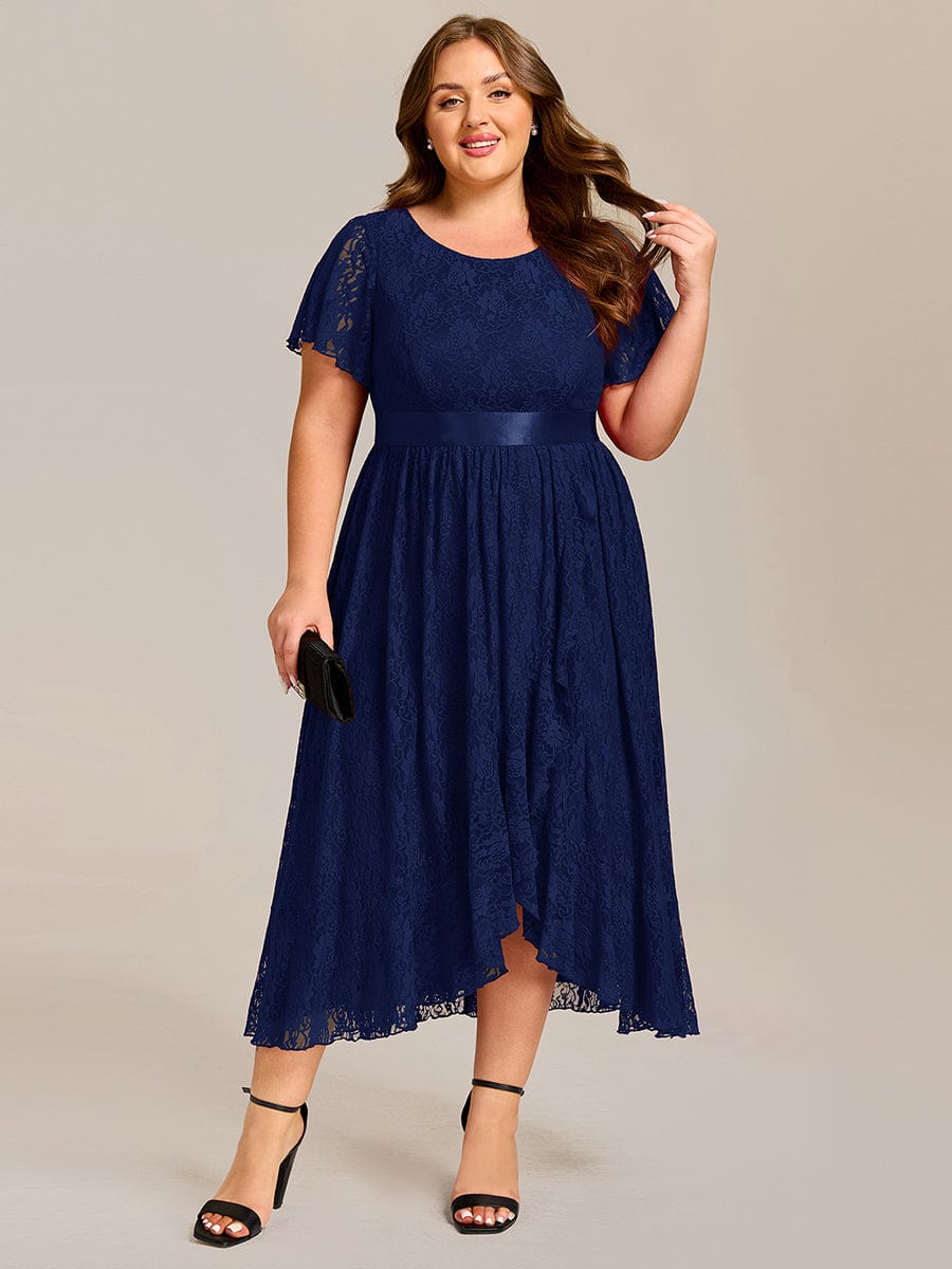 Plus Size Short Sleeve Ruffled Lace Midi Weeding Guest Dress #color_Navy Blue