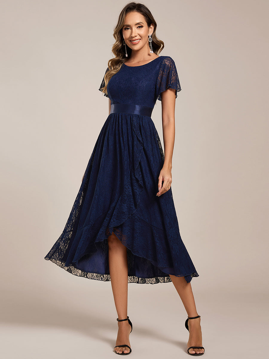 Short Sleeve Ruffled Lace Midi Weeding Guest Dress #color_Navy Blue