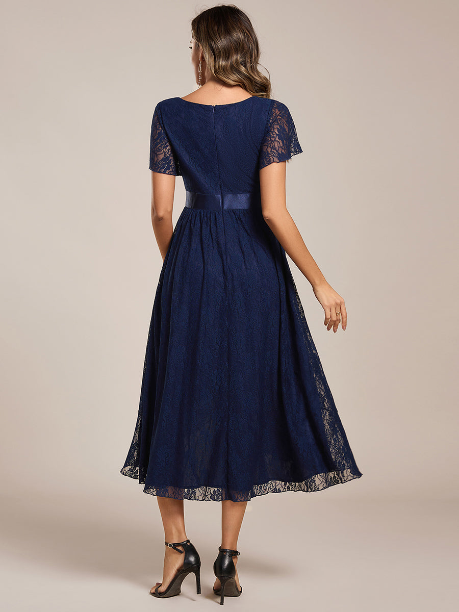 Short Sleeve Ruffled Lace Midi Weeding Guest Dress #color_Navy Blue