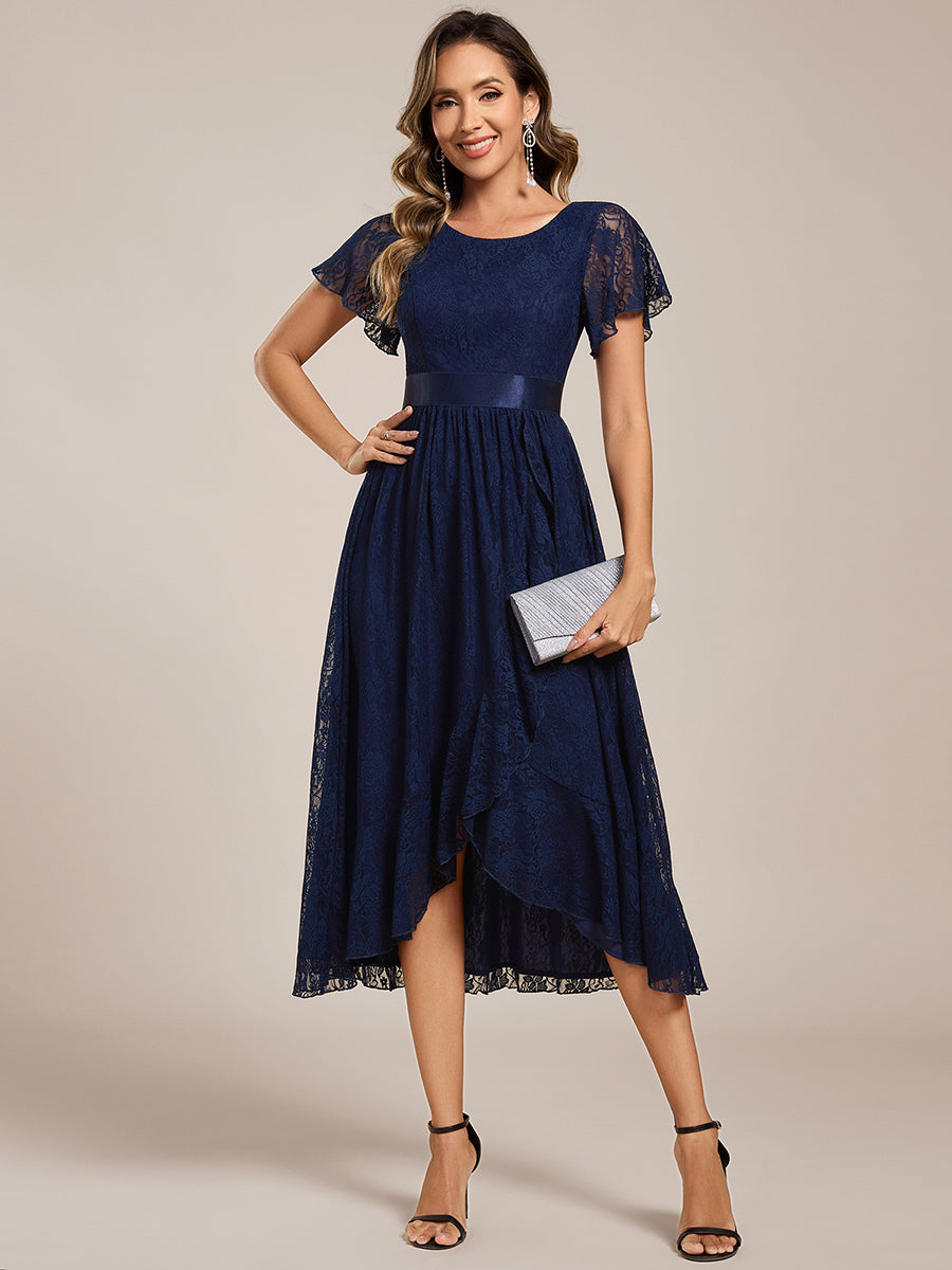 Short Sleeve Ruffled Lace Midi Weeding Guest Dress #color_Navy Blue