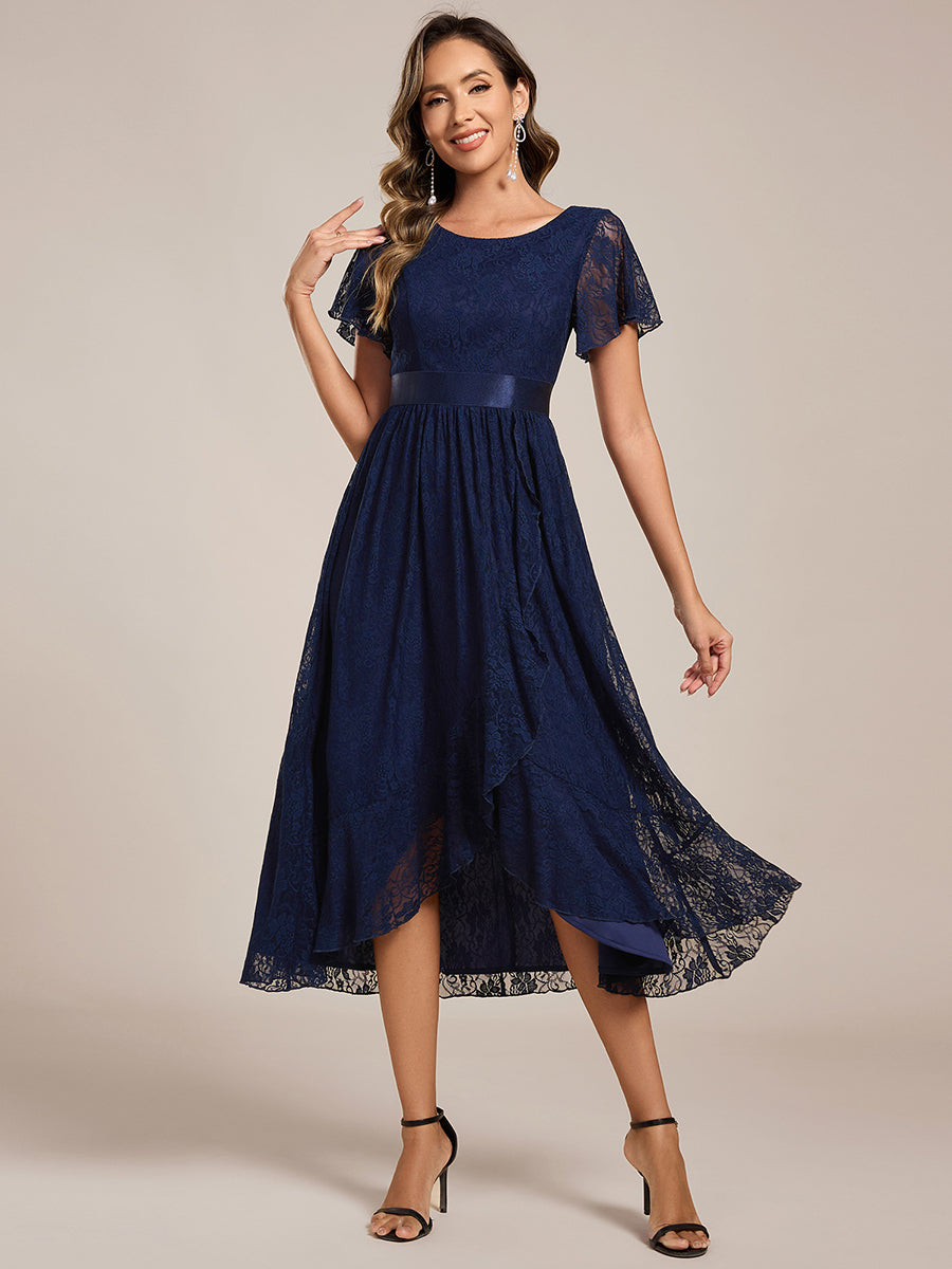 Short Sleeve Ruffled Lace Midi Weeding Guest Dress #color_Navy Blue