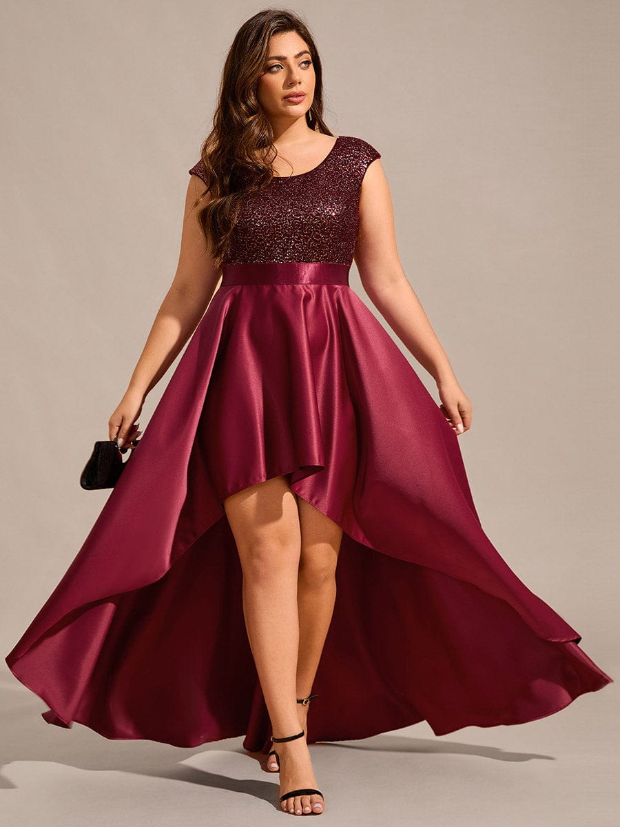 Round Neck Sequin Bodice High-Low Evening Dress With Satin Skirt #color_Burgundy