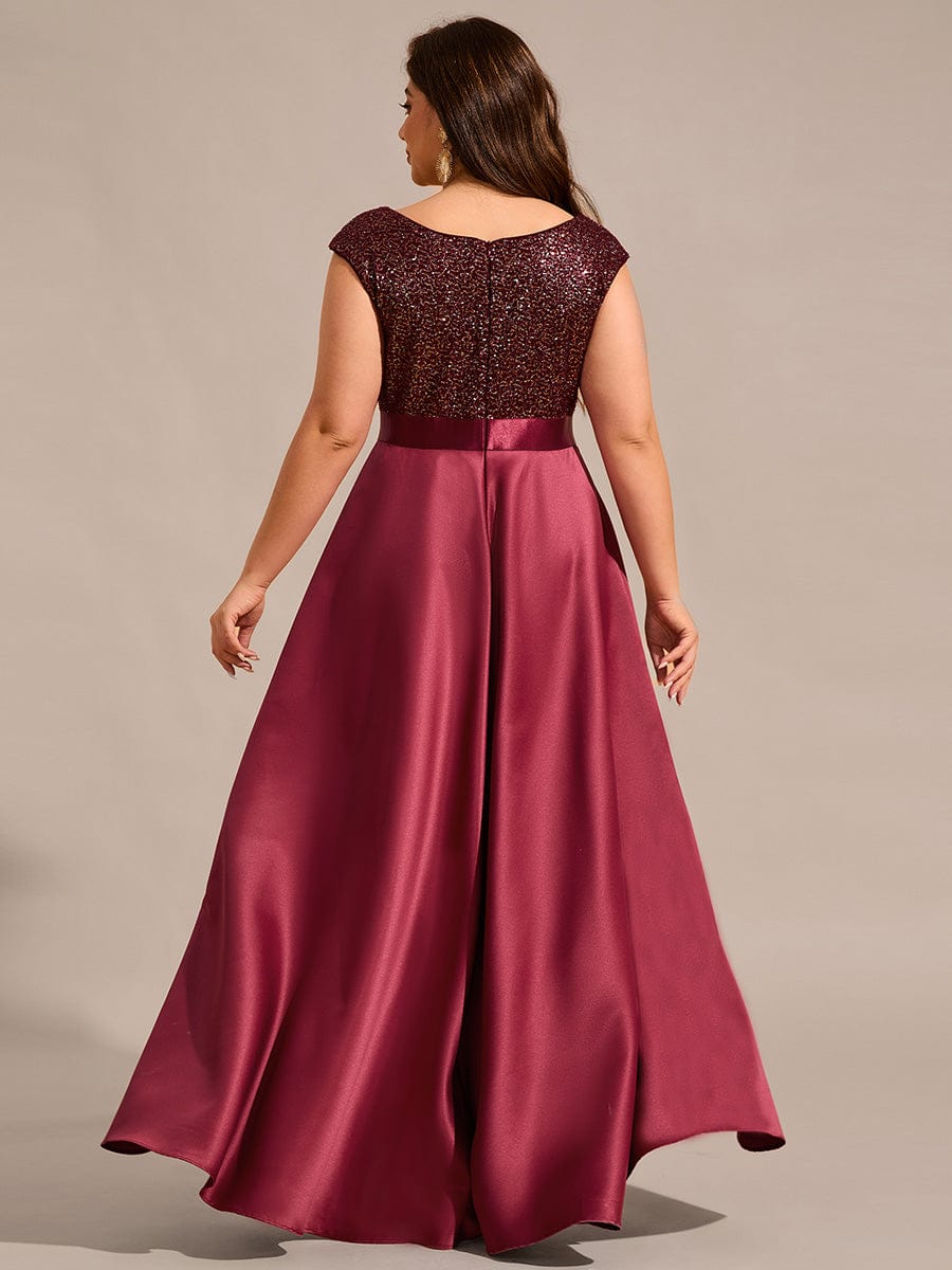 Round Neck Sequin Bodice High-Low Evening Dress With Satin Skirt #color_Burgundy