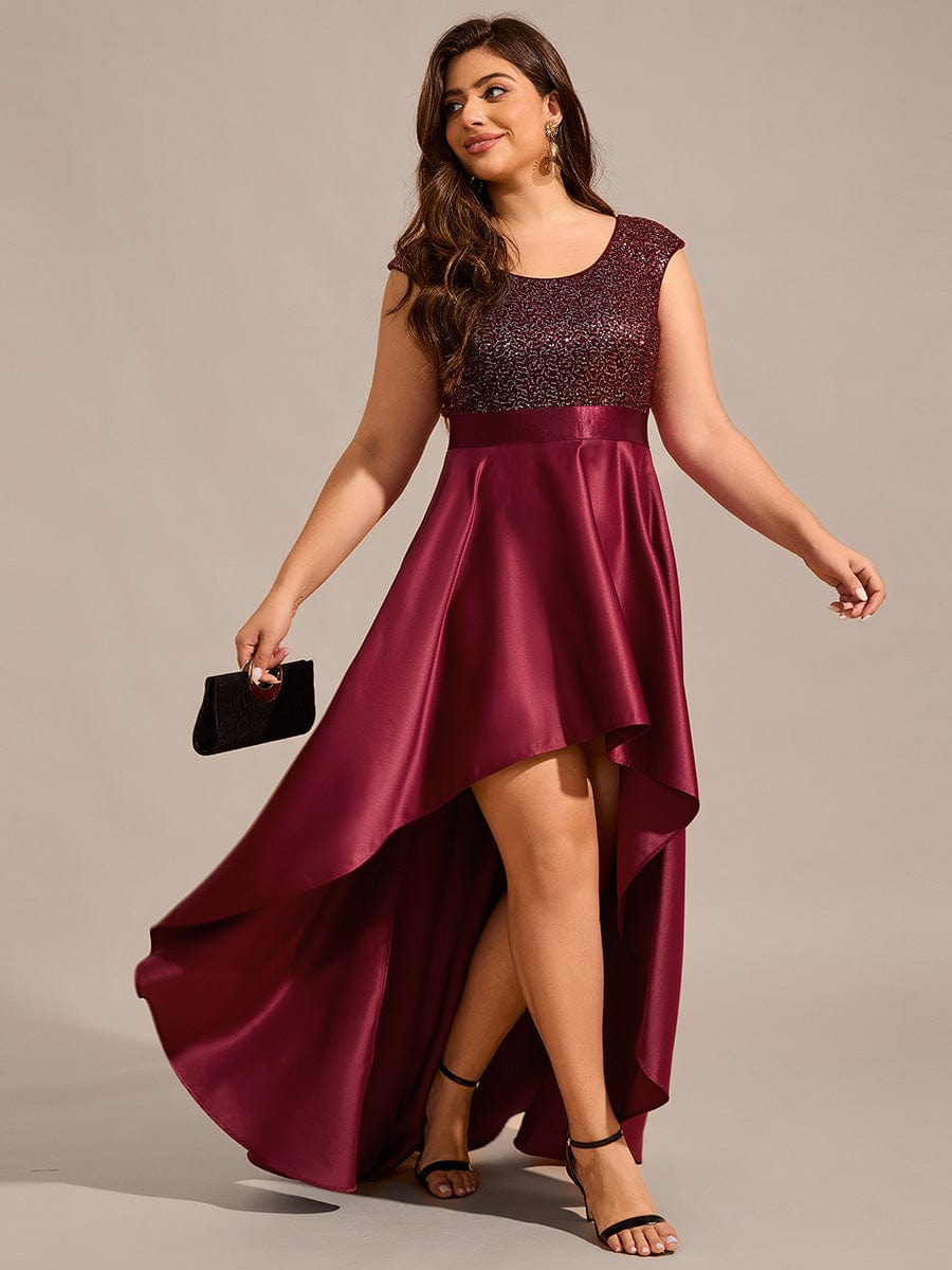 Round Neck Sequin Bodice High-Low Evening Dress With Satin Skirt #color_Burgundy