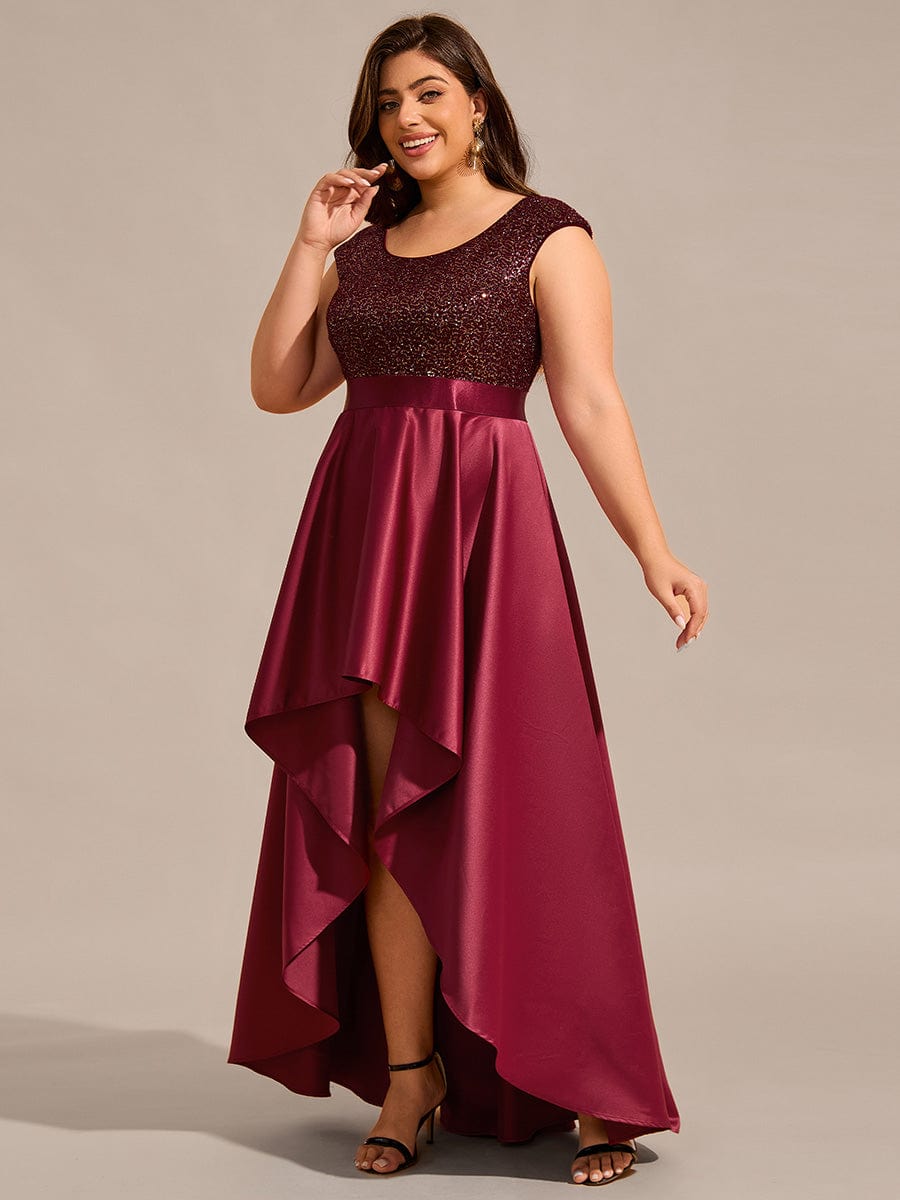 Round Neck Sequin Bodice High-Low Evening Dress With Satin Skirt #color_Burgundy