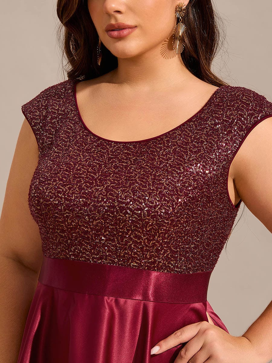 Round Neck Sequin Bodice High-Low Evening Dress With Satin Skirt #color_Burgundy