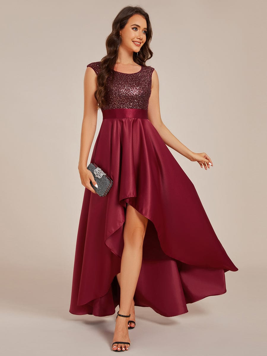 Round Neck Sequin Bodice High-Low Evening Dress With Satin Skirt #color_Burgundy