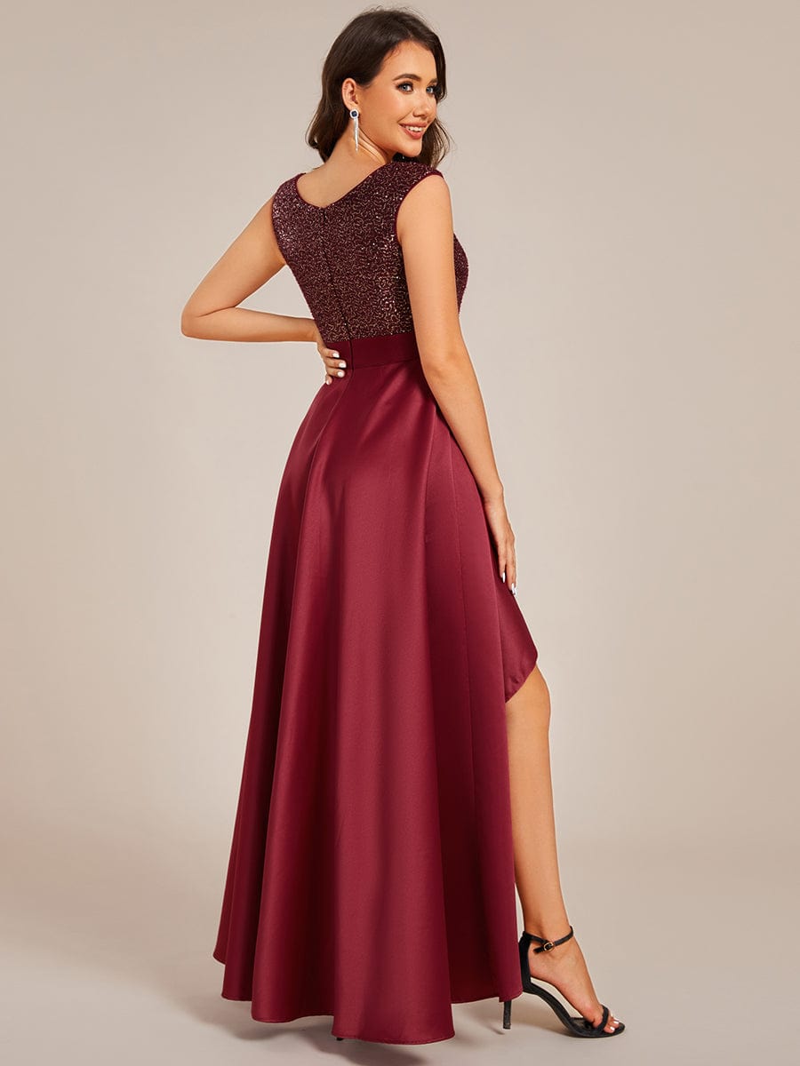 Round Neck Sequin Bodice High-Low Evening Dress With Satin Skirt #color_Burgundy