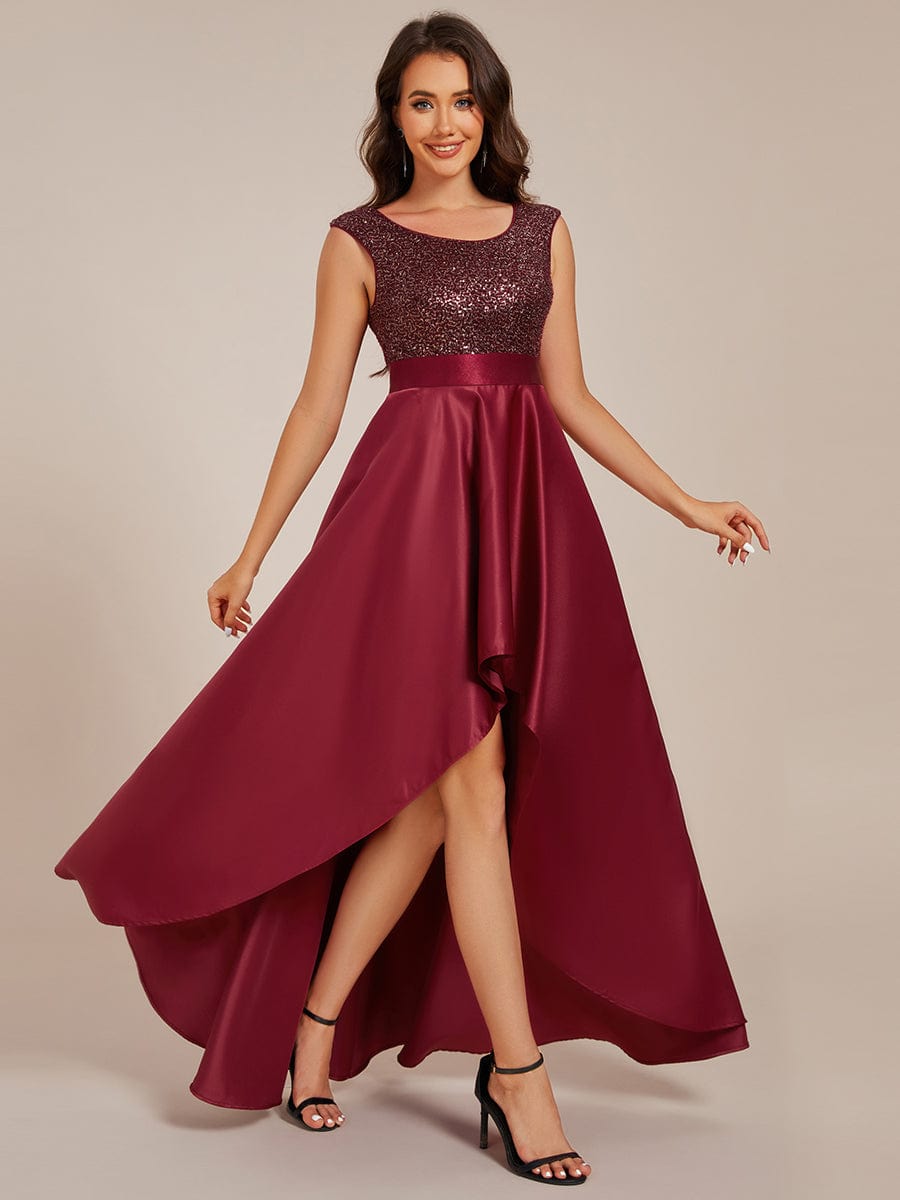 Round Neck Sequin Bodice High-Low Evening Dress With Satin Skirt #color_Burgundy