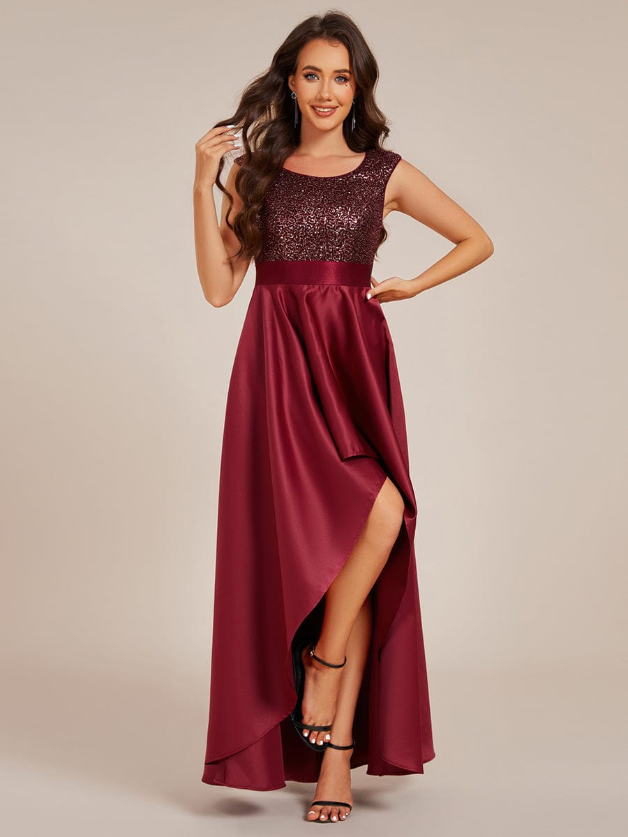 Round Neck Sequin Bodice High-Low Evening Dress With Satin Skirt #color_Burgundy