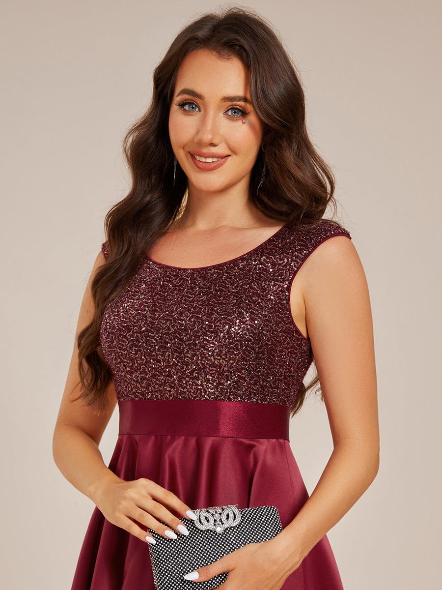 Round Neck Sequin Bodice High-Low Evening Dress With Satin Skirt #color_Burgundy