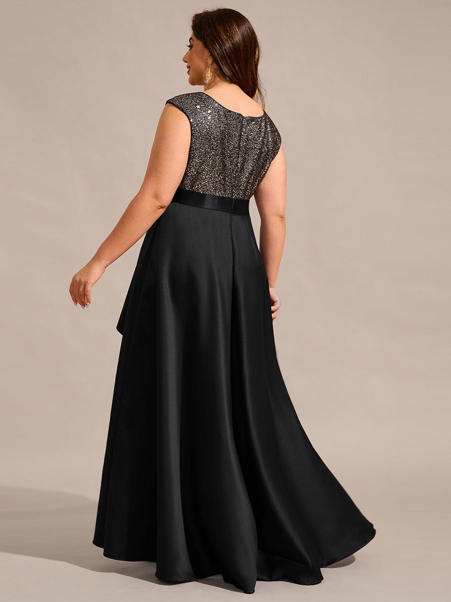 Round Neck Sequin Bodice High-Low Evening Dress With Satin Skirt #color_Black