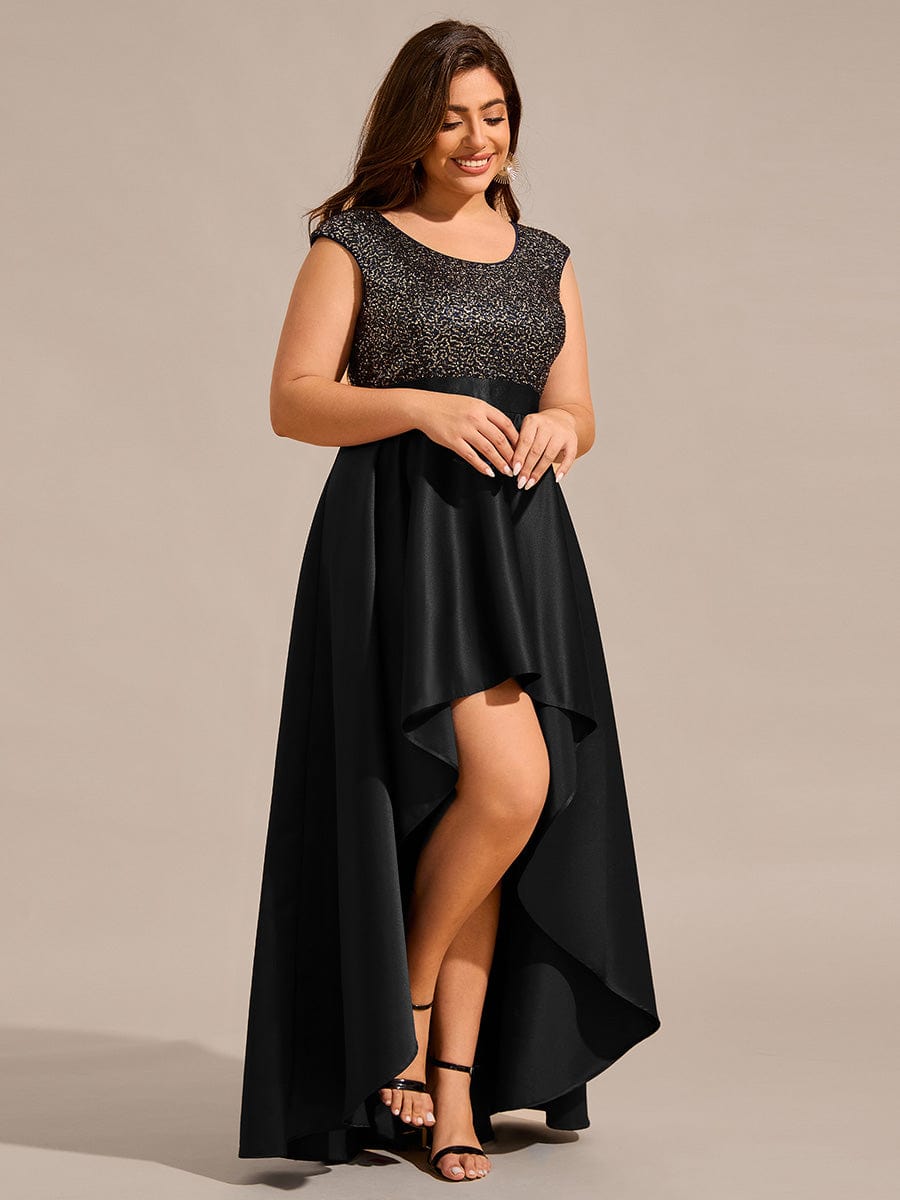 Round Neck Sequin Bodice High-Low Evening Dress With Satin Skirt #color_Black