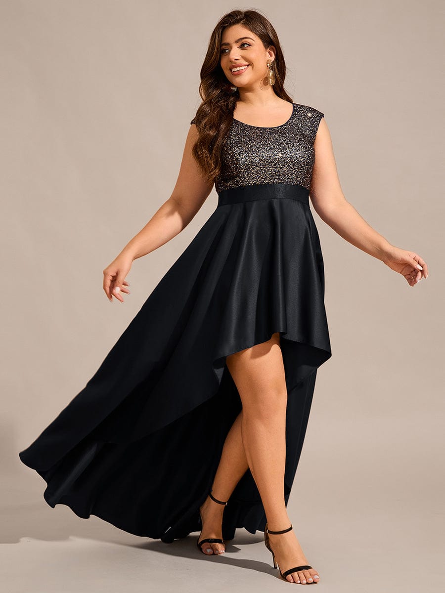 Round Neck Sequin Bodice High-Low Evening Dress With Satin Skirt #color_Black