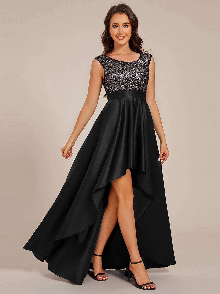 Round Neck Sequin Bodice High-Low Evening Dress With Satin Skirt #color_Black