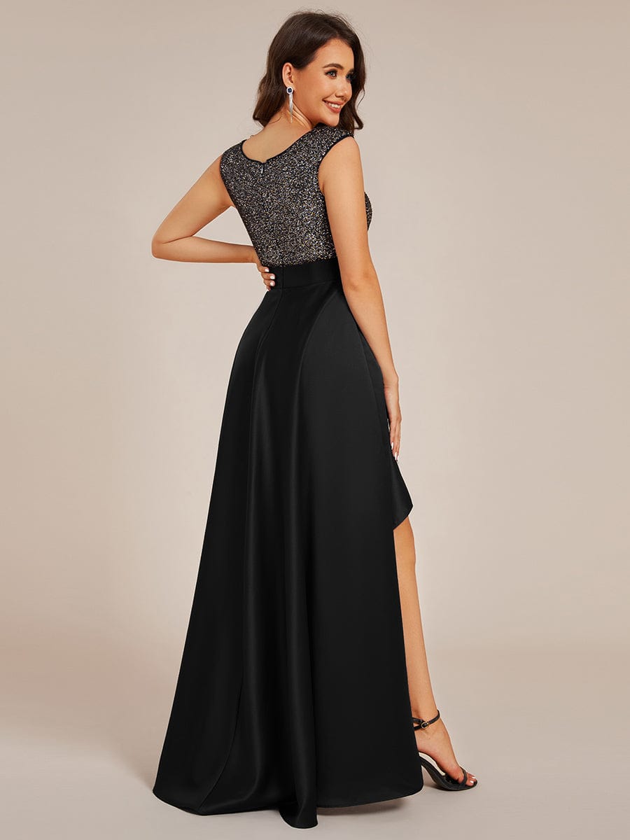 Round Neck Sequin Bodice High-Low Evening Dress With Satin Skirt #color_Black