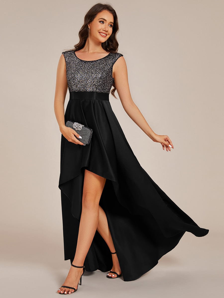 Round Neck Sequin Bodice High-Low Evening Dress With Satin Skirt #color_Black