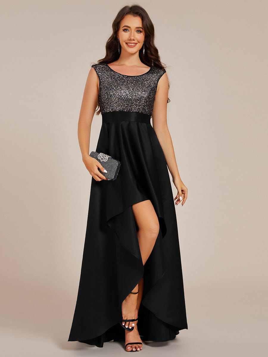 Round Neck Sequin Bodice High-Low Evening Dress With Satin Skirt #color_Black