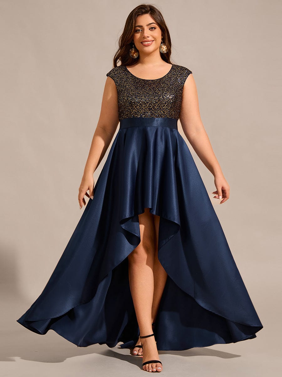 Round Neck Sequin Bodice High-Low Evening Dress With Satin Skirt #color_Navy Blue