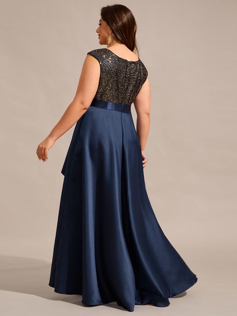 Round Neck Sequin Bodice High-Low Evening Dress With Satin Skirt #color_Navy Blue