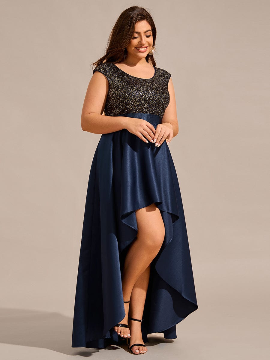 Round Neck Sequin Bodice High-Low Evening Dress With Satin Skirt #color_Navy Blue