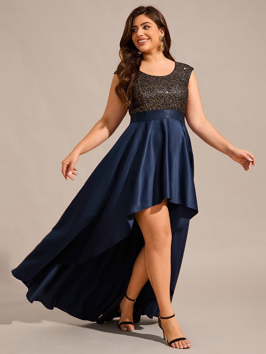 Round Neck Sequin Bodice High-Low Evening Dress With Satin Skirt #color_Navy Blue