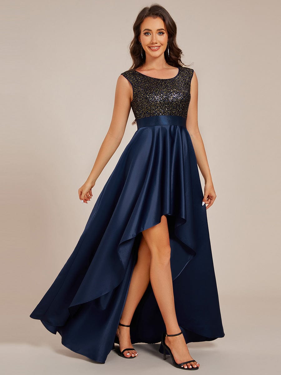 Round Neck Sequin Bodice High-Low Evening Dress With Satin Skirt #color_Navy Blue