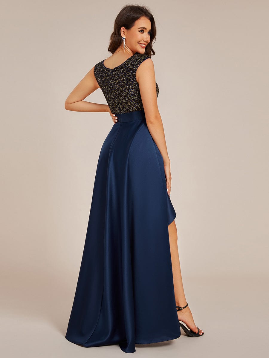 Round Neck Sequin Bodice High-Low Evening Dress With Satin Skirt #color_Navy Blue