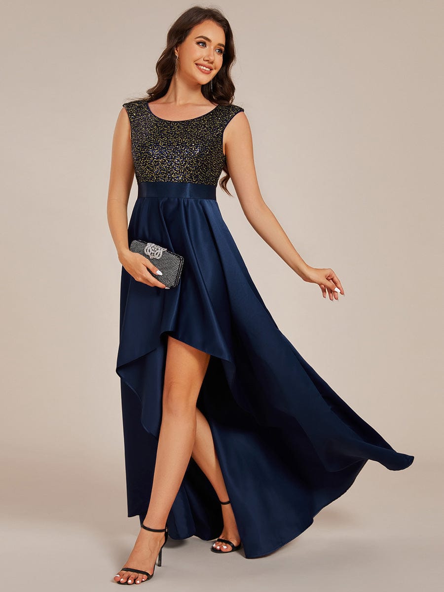 Round Neck Sequin Bodice High-Low Evening Dress With Satin Skirt #color_Navy Blue