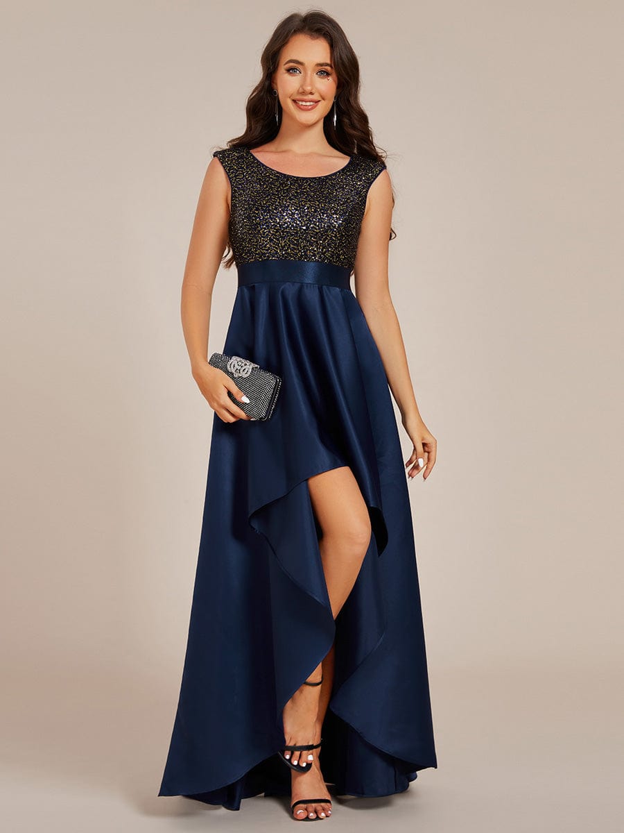 Round Neck Sequin Bodice High-Low Evening Dress With Satin Skirt #color_Navy Blue