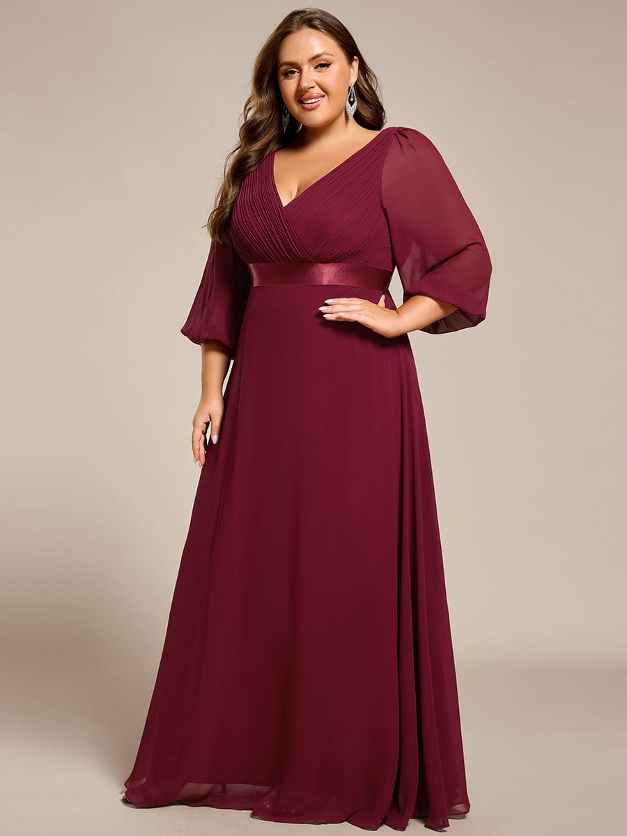 Chiffon Long Sleeve Empire Waist Maxi Evening Dress with Pleated Detailing #color_Burgundy