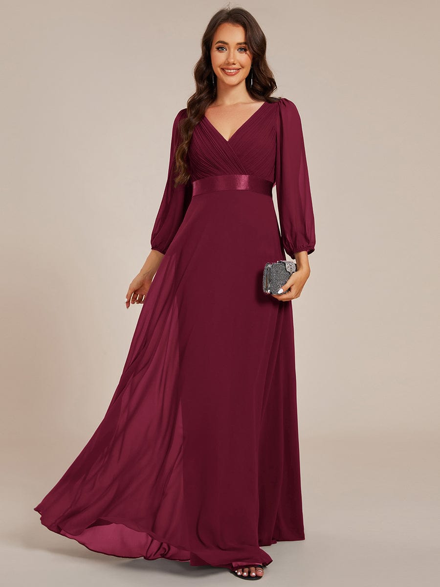 Chiffon Long Sleeve Empire Waist Maxi Evening Dress with Pleated Detailing #color_Burgundy