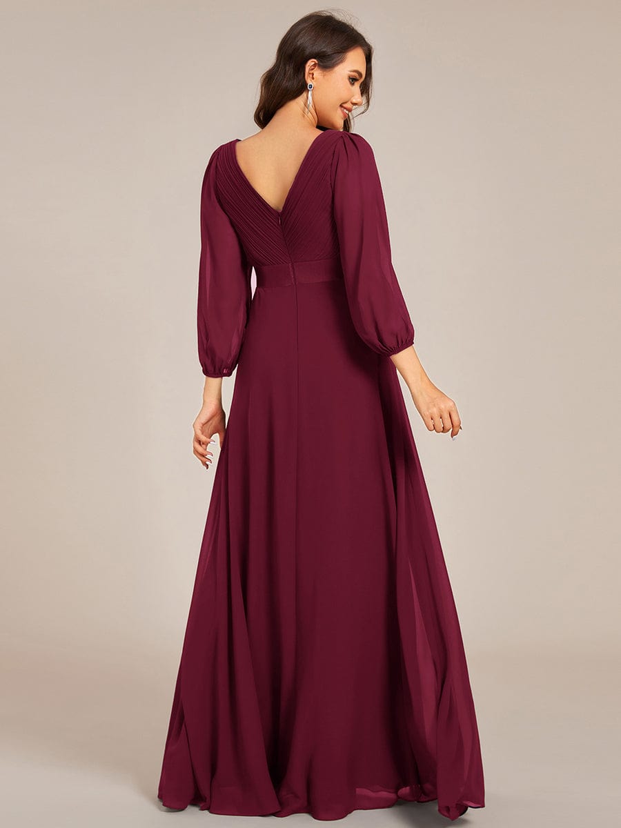 Chiffon Long Sleeve Empire Waist Maxi Evening Dress with Pleated Detailing #color_Burgundy