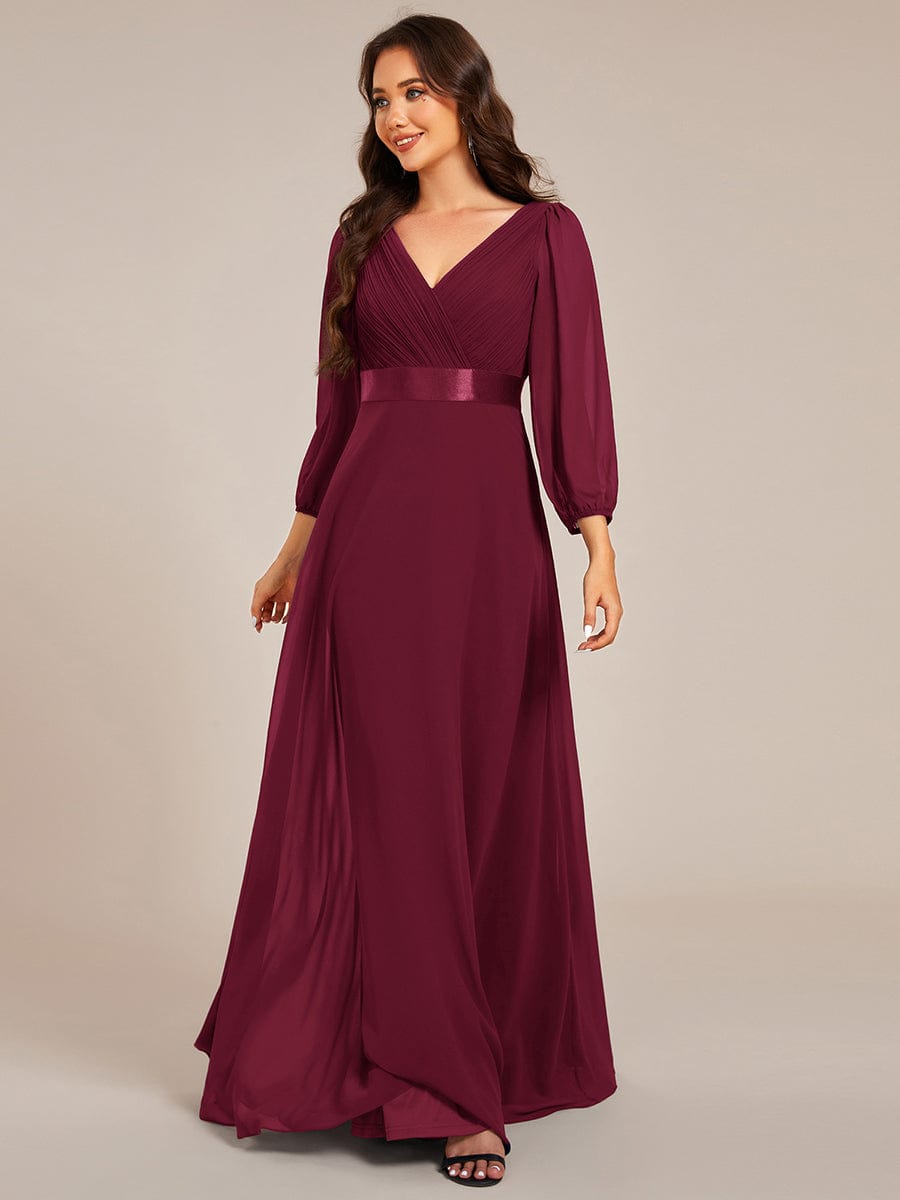 Chiffon Long Sleeve Empire Waist Maxi Evening Dress with Pleated Detailing #color_Burgundy