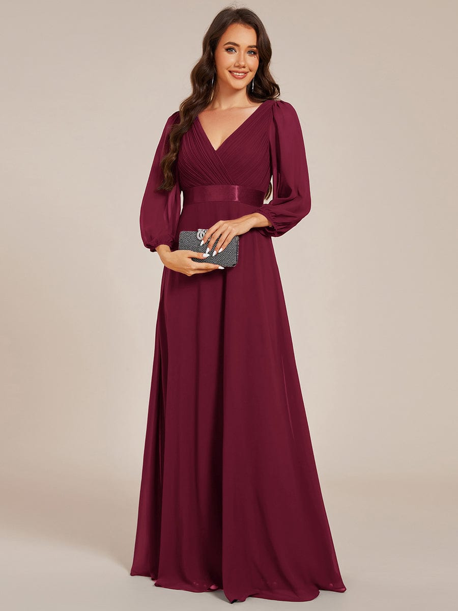 Chiffon Long Sleeve Empire Waist Maxi Evening Dress with Pleated Detailing #color_Burgundy